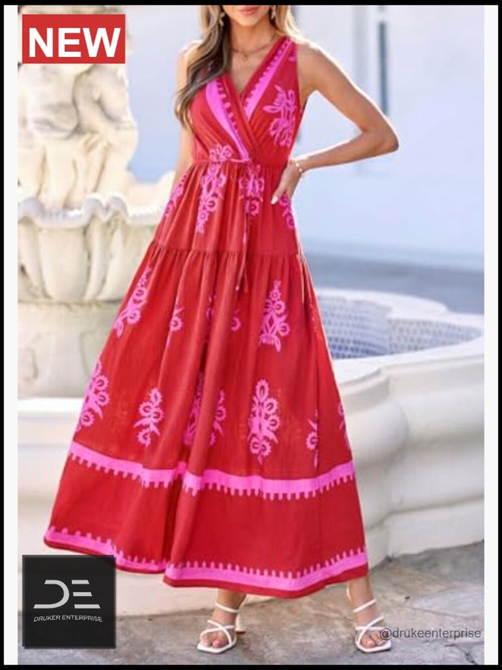Boho V-Neck Maxi Dress with Belt and Pockets - Picture 3 of 7